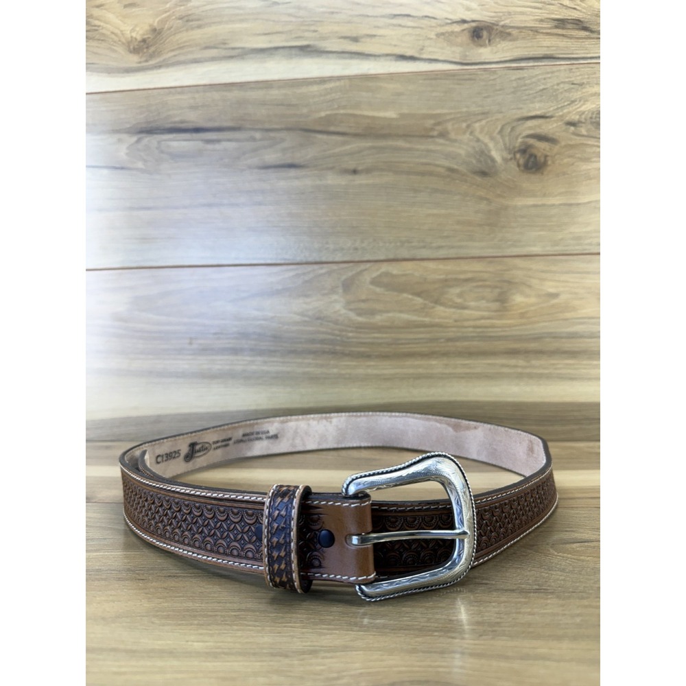 Justin Tooled Leather Cognac Brown Mens 40 Western Rodeo Ranch Cowboy